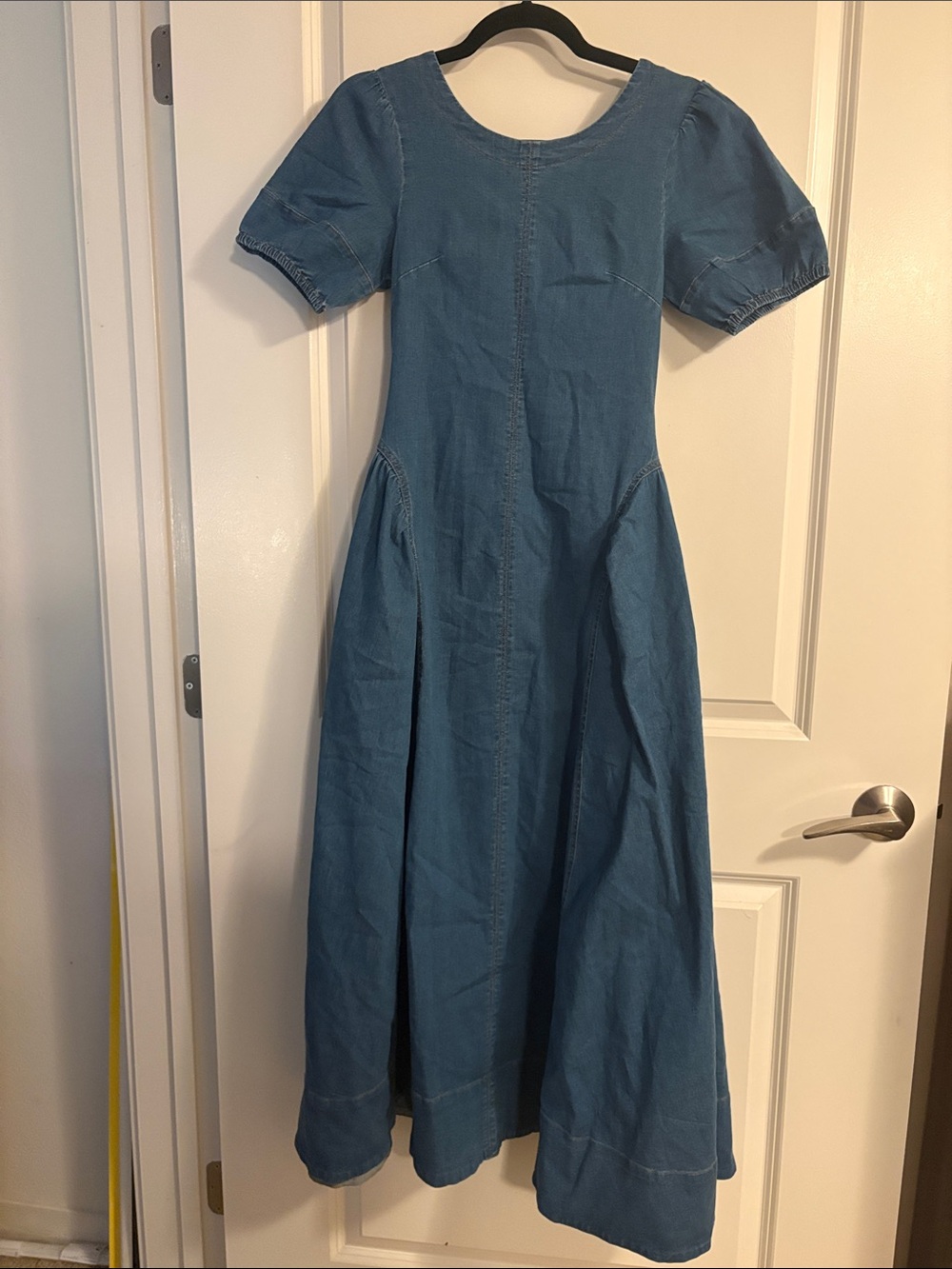 vestique Blue Denim Maxi Dress with Puff Sleeves